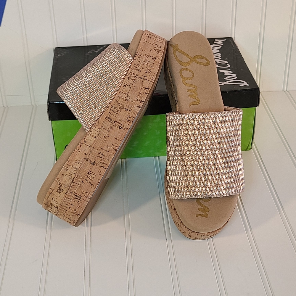 Sam Edelman Wendi Cork Platform Blush Gold Ruched Sandal Slides size 10